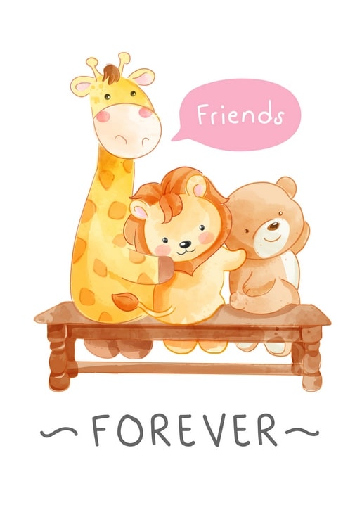 Aquarellierte Giraffe, Löwe und Bär sitzen zusammen auf einer Bank unter einer Freunde-Sprechblase