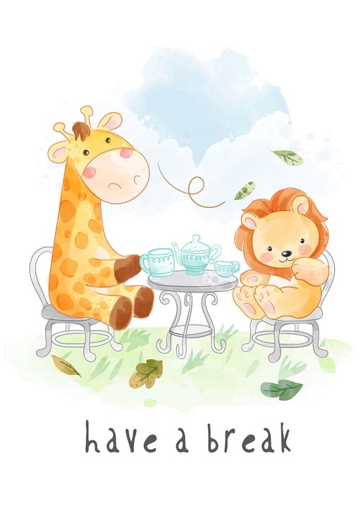 Watercolor giraffe and lion having tea at a small garden table
