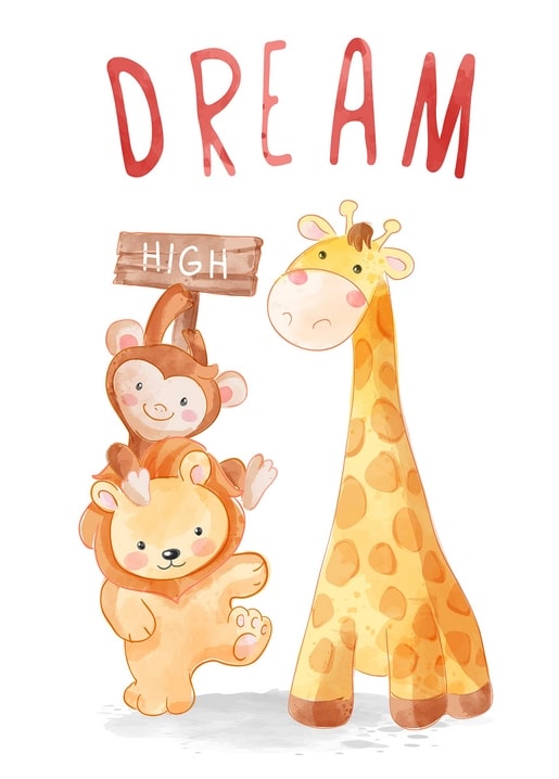 Watercolor monkey balancing on a lion cub beside a tall giraffe, ‘Dream High’ postcard
