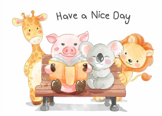 Aquarellillustration von Giraffe, Schwein, Koala und Löwe, die gemeinsam ein Buch auf einer Bank lesen