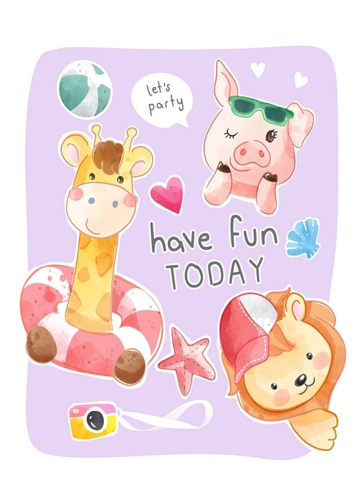 Sticker-Postkarte mit Giraffe im Schwimmring, Schwein mit Sonnenbrille und Löwenbaby am Strand