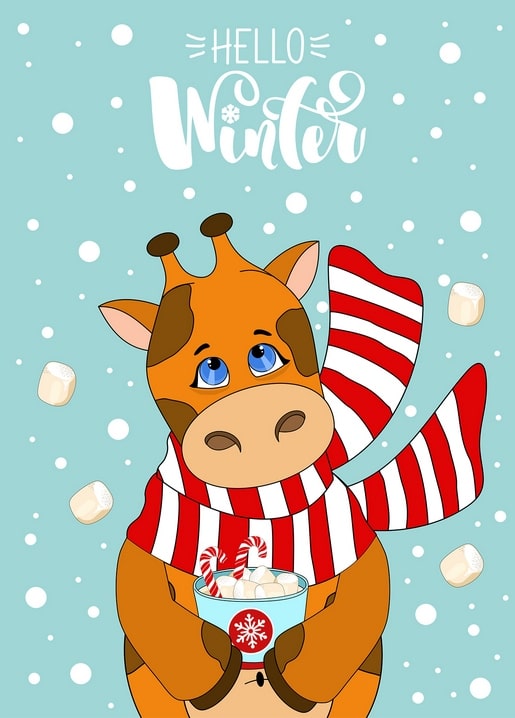 Illustrierte Giraffe im gestreiften Schal mit einer Tasse Kakao und Marshmallows unter dem Schriftzug „Hello Winter“