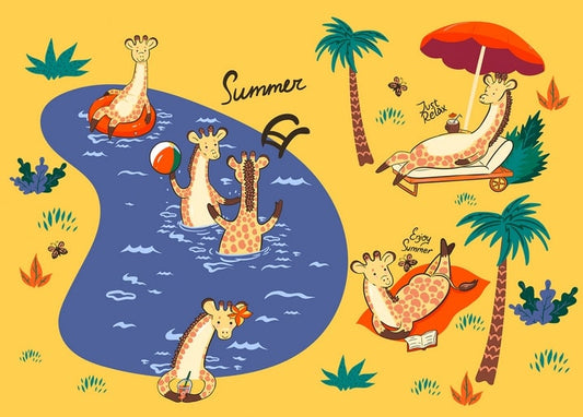 Illustrated giraffe floating on a pool ring, playing ball, and relaxing under a beach umbrella in summer scenes