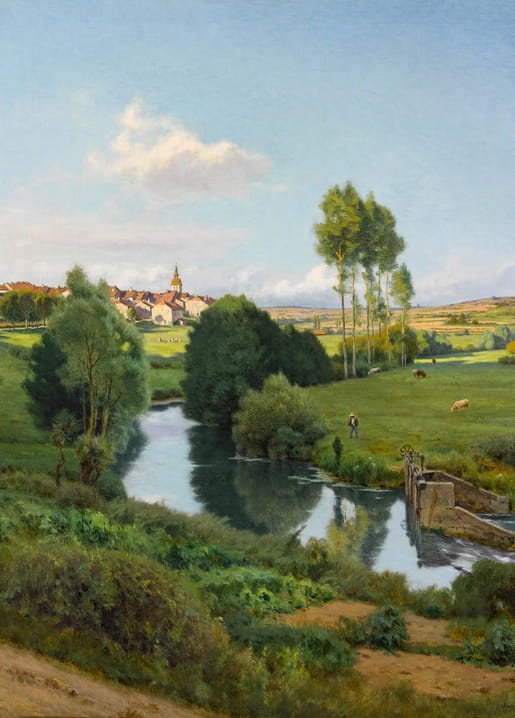 Painting of a river landscape near Girancourt, Vosges, with village church spire, poplar trees, and cattle grazing by a weir