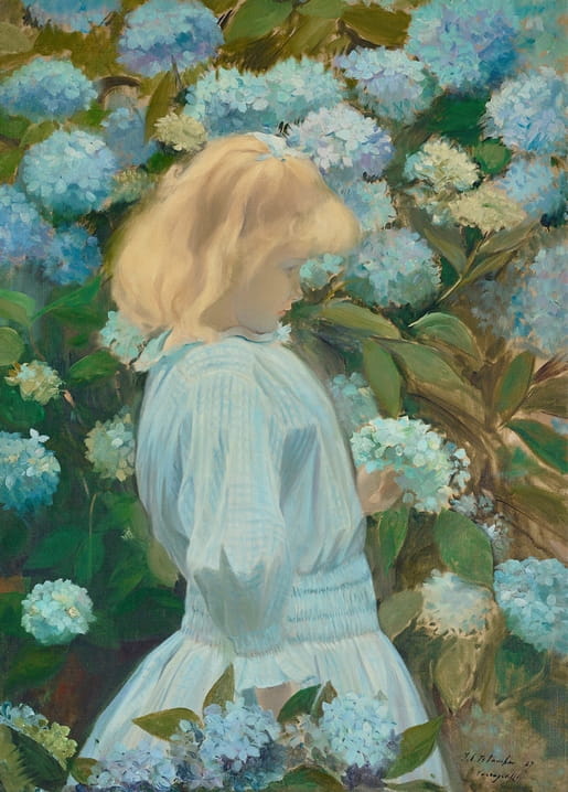 Jacques-Émile Blanche painting of a girl among blue hydrangeas, on a postcard