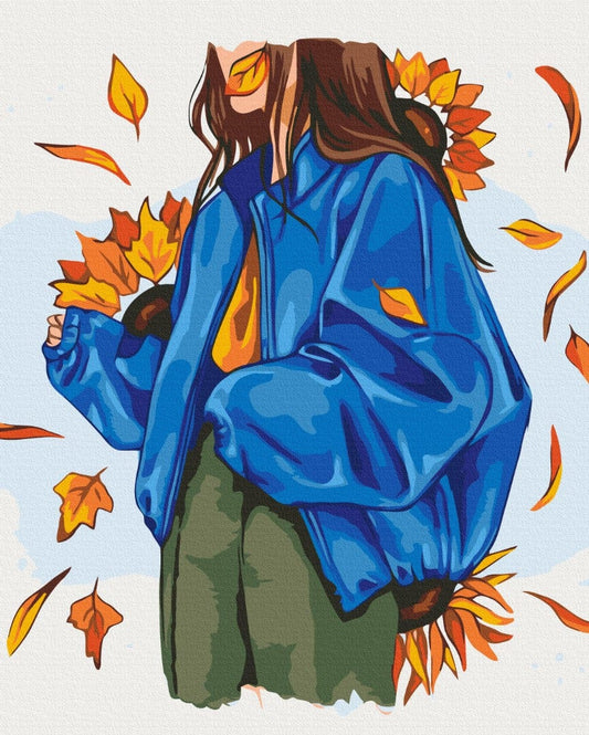 Illustriertes Mädchen in blauer Jacke inmitten wirbelnder Herbstblätter und Sonnenblumen im Wind