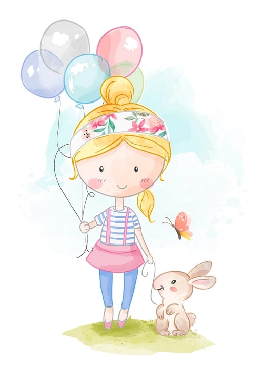 Watercolor girl with a floral headband holding balloons and walking a bunny on a leash