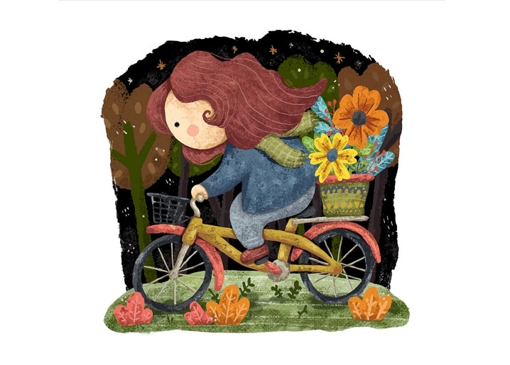 A girl rides a bicycle with flower baskets through a windy autumn forest at night