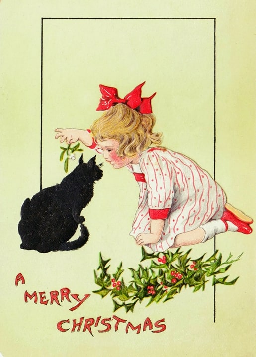 Vintage postcard of a girl touching noses with a black cat under mistletoe and holly