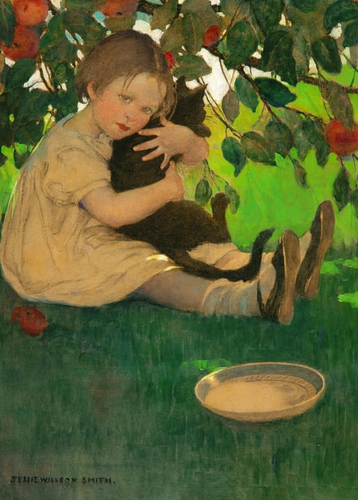 Illustration of a girl hugging a black kitten in an apple orchard, empty saucer nearby