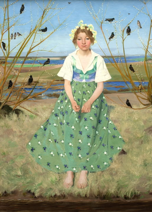Painting by Harald Slott-Møller of a girl in green among willow branches and blackbirds by a river