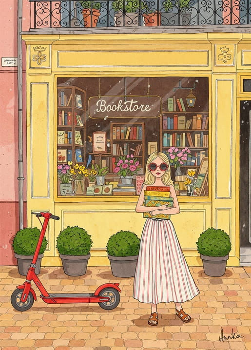 Дівчина зі стосом книг біля жовтої книгарні з червоним самокатом поруч.