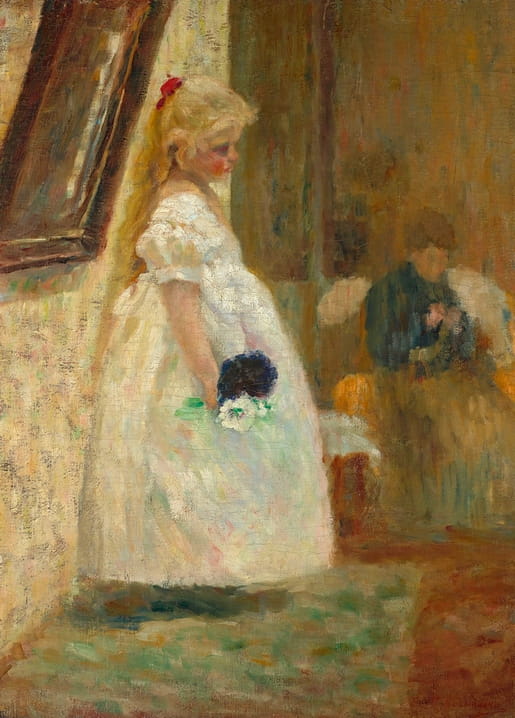 Olga Boznańska painting of a girl in white holding flowers, a figure sewing behind her
