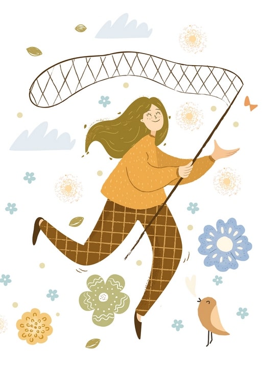 Illustration of a girl running with a butterfly net chasing a butterfly among flowers and clouds