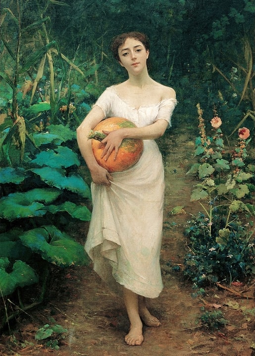 Gemälde eines barfüßigen Mädchens im weißen Kleid mit einem Kürbis zwischen Stockrosen, von Fausto Zonaro