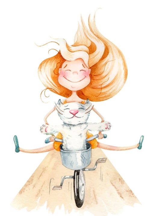 Watercolor illustration of a girl riding a bicycle with a white cat in the basket