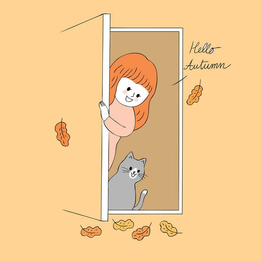 Illustrated postcard of a girl and gray cat peeking around a door with falling autumn leaves