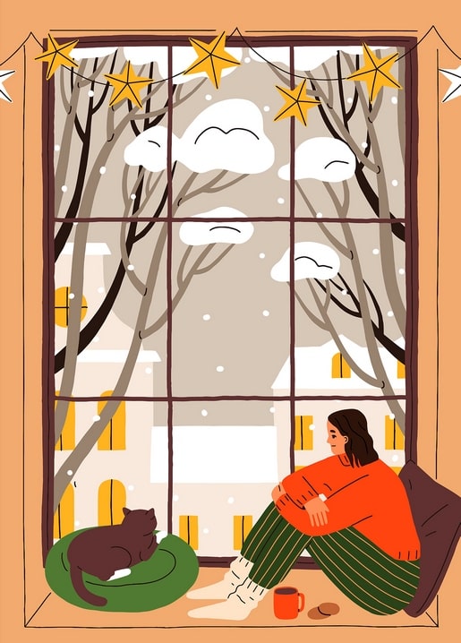 Illustrated postcard of a girl and her cat on a snowy windowsill with cocoa and star garland
