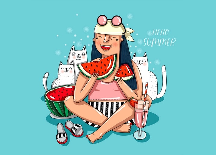 Girl eating watermelon with two white cats and a fruit cocktail, ‘Hello Summer’ text