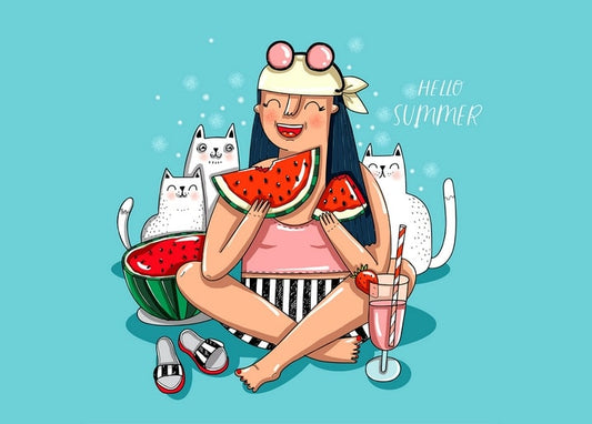 Girl eating watermelon with two white cats and a fruit cocktail, ‘Hello Summer’ text