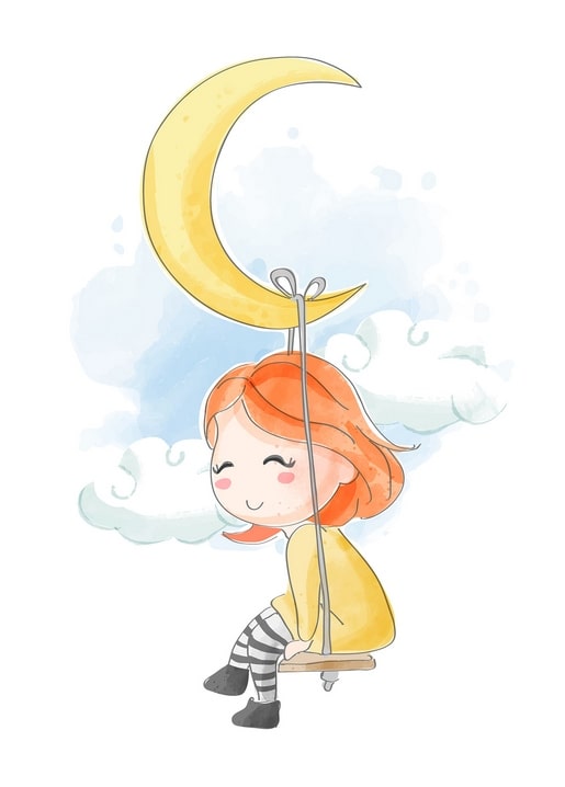 Red-haired girl swinging from a crescent moon above soft clouds, watercolor illustration