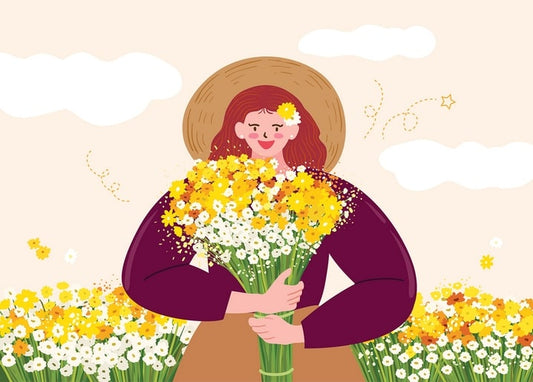 Illustration of a girl in a straw hat holding a bouquet of yellow and white daisies
