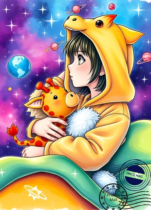 Illustration eines Mädchens im Dino-Kapuzenpulli, das ein Giraffen-Plüschtier vor nächtlichem Sternenhimmel umarmt.
