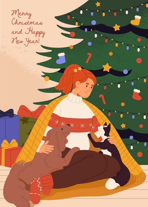Illustration eines rothaarigen Mädchens, das Hund und Katze vor dem Weihnachtsbaum umarmt