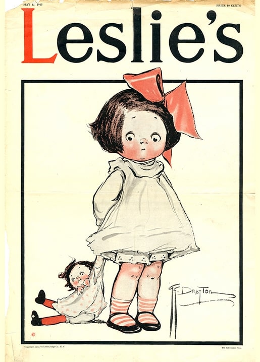 Vintage Leslie's magazine cover, May 1913, girl with red bow holding a rag doll, illustrated by G. Drayton