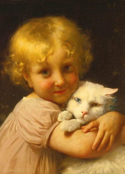 Oil painting of a curly-haired girl tenderly embracing a large white cat, signed L·P