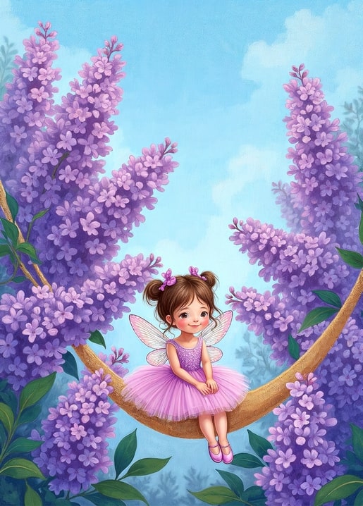Illustrierte Postkarte: Feenmädchen im rosa Tutu zwischen blühendem lila Flieder