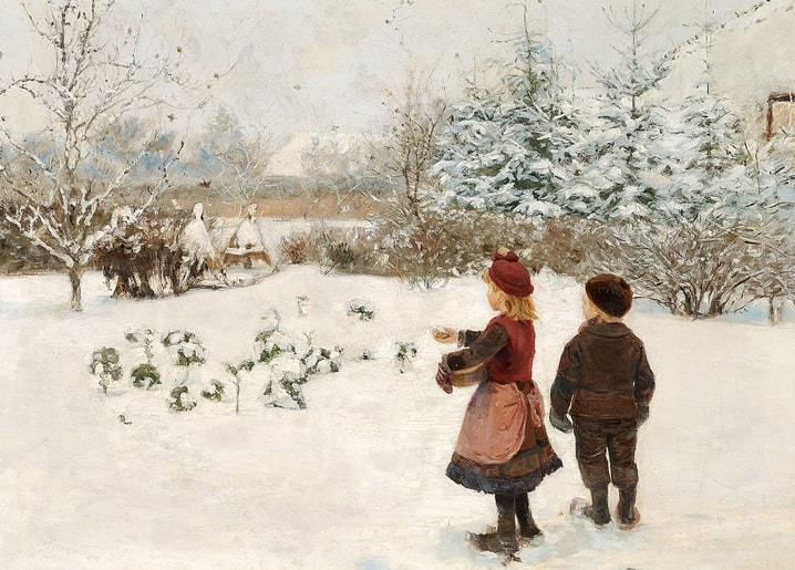 Girl in a red hat feeding a bird beside a boy in a snowy garden, oil painting by Brendekilde
