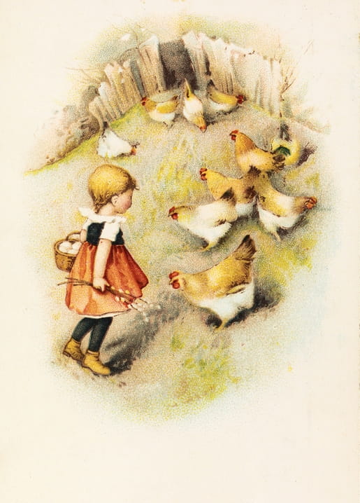 Vintage-Illustration: Mädchen mit Korb und Weidenzweig füttert Hühner am Zaun