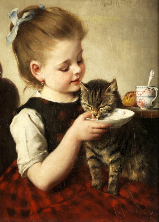 Painting of a girl feeding a tabby kitten from a saucer, with a teacup and bread roll on the table