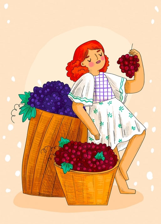 Girl in embroidered folk dress picking grapes beside two wooden baskets