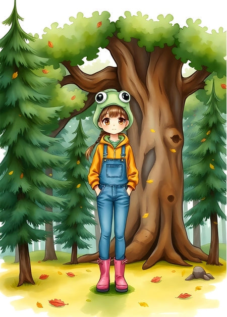 Illustrated girl in a frog-eared hood and overalls standing by an old tree in an autumn pine forest