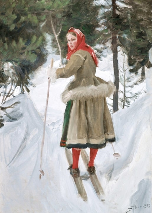 Anders Zorn painting of a girl in a red headscarf skiing through snowy pine woods