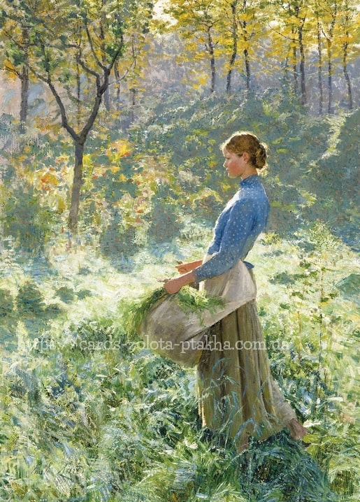Emile Claus painting of a girl gathering ferns at a sunlit forest edge