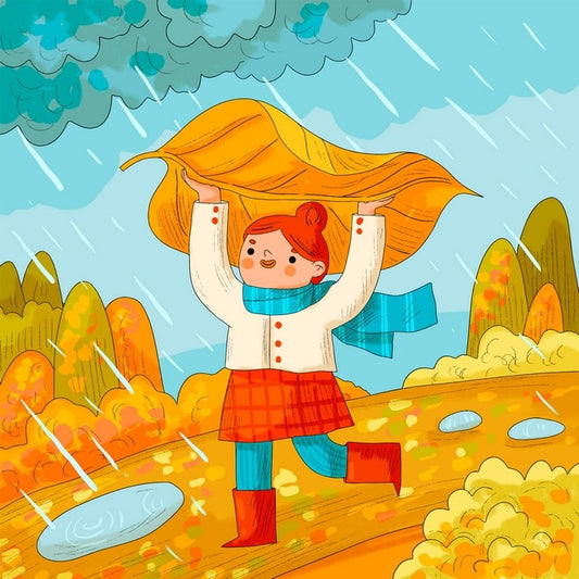 Illustrated girl holding a giant golden autumn leaf over her head like an umbrella in the rain