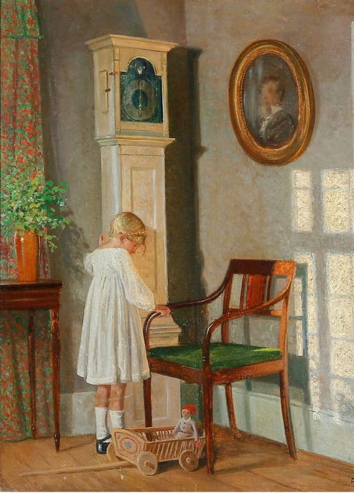 Oil painting of a girl in a white dress peering at a grandfather clock, with a toy cart and doll on the floor beside her.