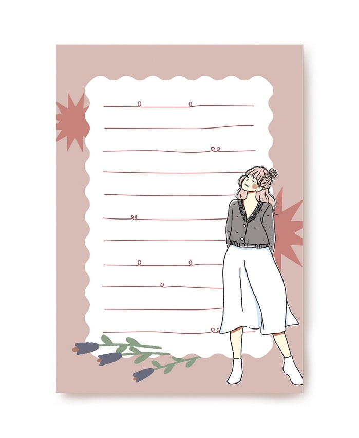 Girl in a grey cardigan and white skirt beside lavender sprigs on a dusty pink letter paper sheet
