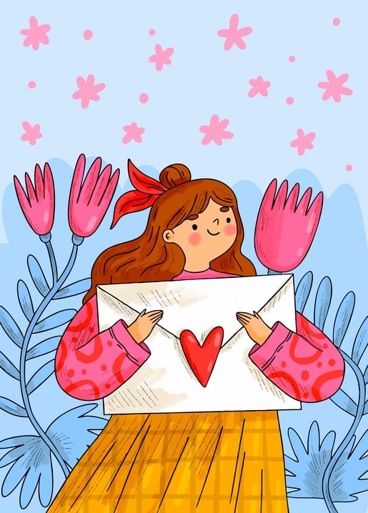 Girl with a red ribbon holding an envelope sealed with a heart, surrounded by pink tulips and falling blossoms.