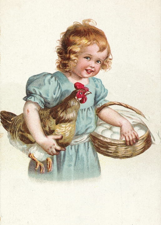 Vintage-Illustration: Mädchen hält ein Huhn und einen Eierkorb