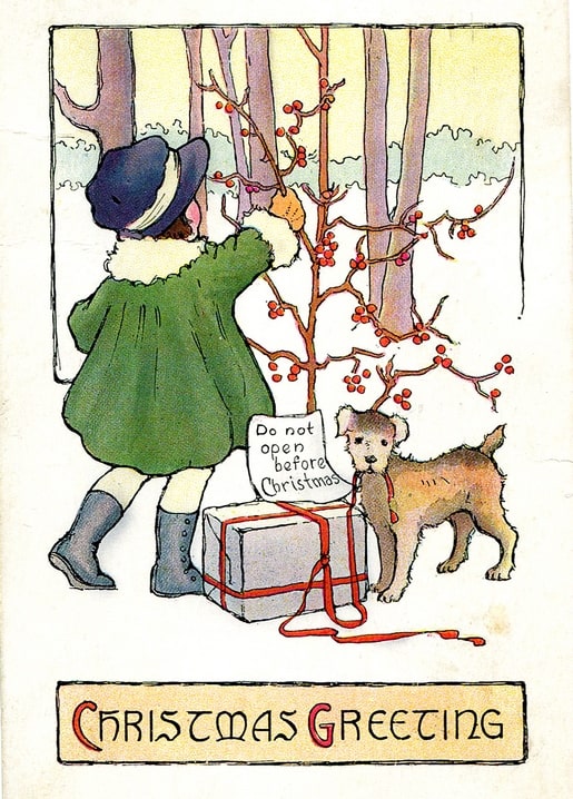 Vintage postcard of a girl in a green coat tying a gift to a holly branch beside a terrier