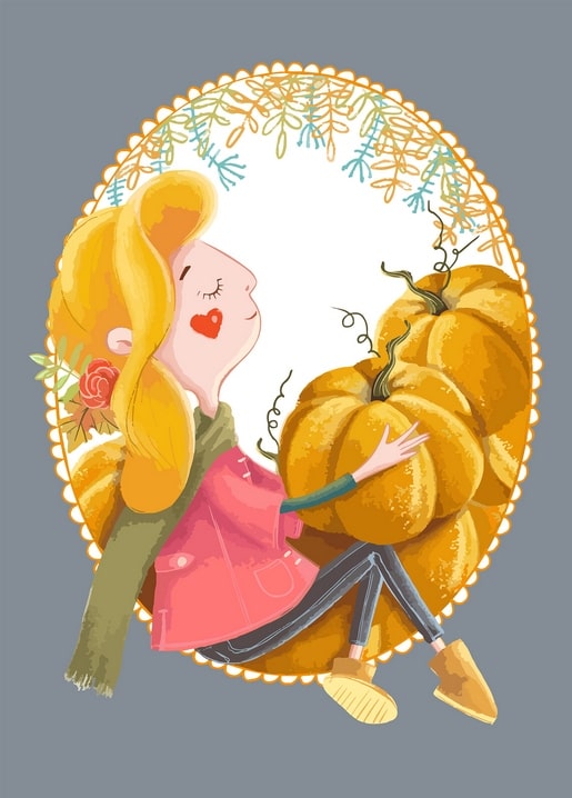 Illustrated girl hugging a stack of pumpkins inside an oval leaf-bordered frame