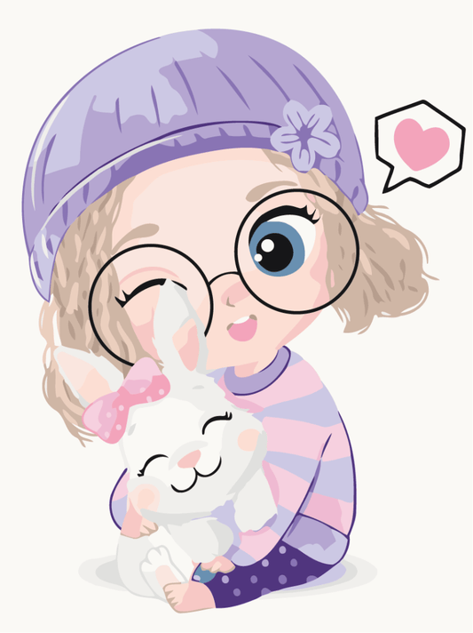 Illustrated girl in a purple beanie hugging a white rabbit with a pink bow