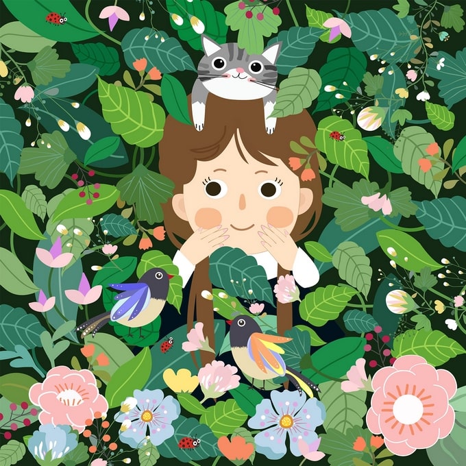 Girl peeking through leaves with a grey cat on her head, two songbirds and ladybugs nearby