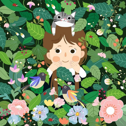 Girl peeking through leaves with a grey cat on her head, two songbirds and ladybugs nearby