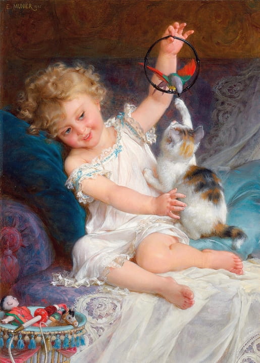 Émile Munier painting of a girl in white playing with a kitten and a toy bird on a hoop.