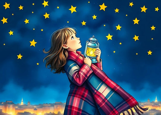 Illustrated postcard of a girl in a plaid wrap holding a lantern under a starry night sky